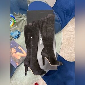 💯%Authentic CHANEL Black Suede Over the Knee Boots